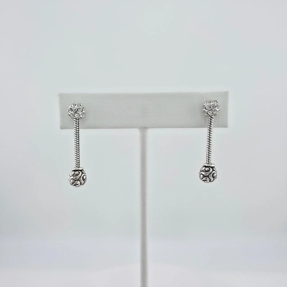 BRIGHTON 'Full Moon' Earrings Dangle Post  Pavé Crystal Scrollwork Silver Plate